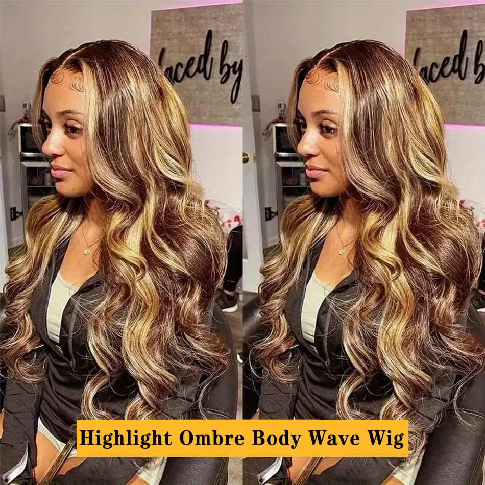 Highlight Ombre Lace Front Wig Human Hair Pre Plucked Body Wave 4/27 Colored Honey Blonde Wigs 13X4 HD Lace Frontal Wigs Human Hair 180 Density Glueless Wigs Human Hair for Women 22 Inch