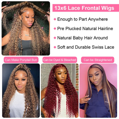 26 Inch 13X6 Highlight Ombre Deep Wave Lace Front Wigs Human Hair Pre Plucked #4/27 Colored Glueless Wigs Water Wave Honey Blonde Curly Lace Frontal Wigs Human Hair for Women