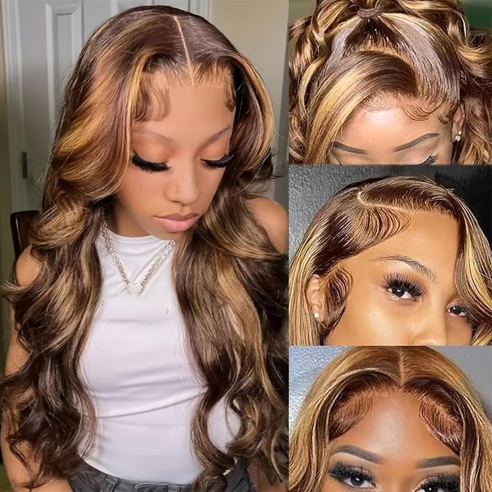 Highlight Ombre Lace Front Wig Human Hair Pre Plucked Body Wave 4/27 Colored Honey Blonde Wigs 13X4 HD Lace Frontal Wigs Human Hair 180 Density Glueless Wigs Human Hair for Women 22 Inch