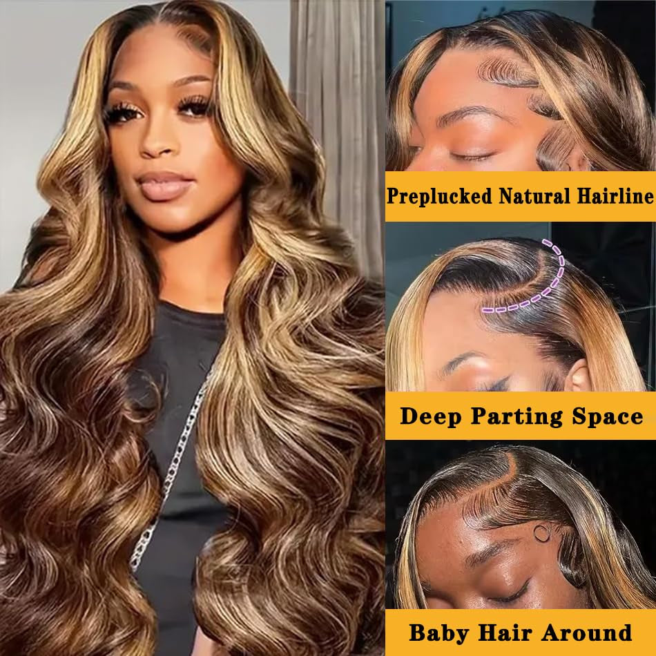 Highlight Ombre Lace Front Wig Human Hair Pre Plucked Body Wave 4/27 Colored Honey Blonde Wigs 13X4 HD Lace Frontal Wigs Human Hair 180 Density Glueless Wigs Human Hair for Women 22 Inch